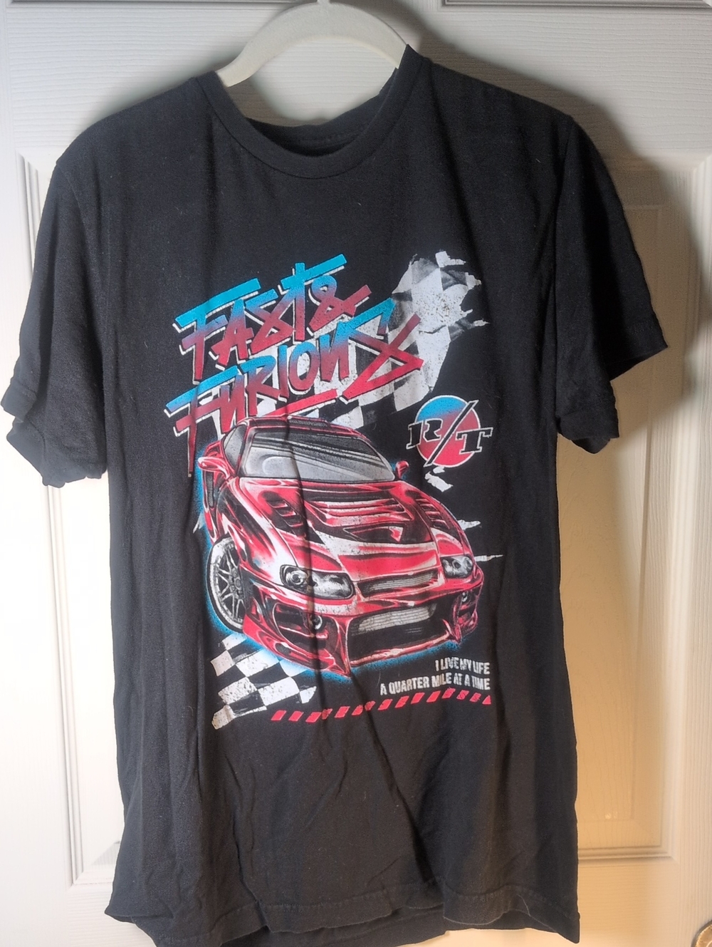 Fast & Furious Men's Black Short Sleeve Tee with Red Racing Car Graphic
